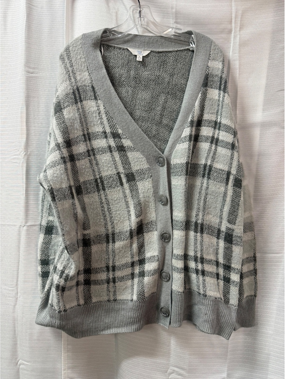 Time and Tru Women's XL Gray Plaid Button-Up Cardigan Sweater